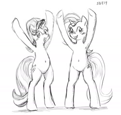 Size: 1203x1147 | Tagged: safe, artist:seidouryu, derpibooru import, starlight glimmer, trixie, pony, unicorn, road to friendship, armpits, belly button, bipedal, duo, female, mare, monochrome, smiling