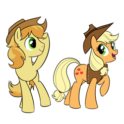 Size: 1000x1000 | Tagged: safe, artist:madmax, applejack, braeburn, earth pony, pony, accessory swap, clothes, cowboy hat, crossdressing, hat, vest