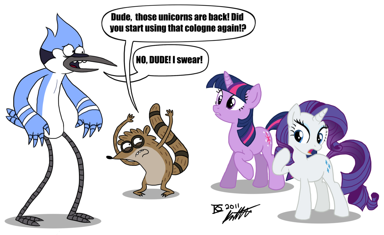 466884 - safe, artist:glamourkat, derpibooru import, rarity, twilight  sparkle, pony, unicorn, crossover, mordecai, mordecai and rigby, regular  show, rigby - Ponybooru