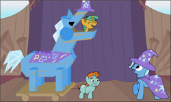 Size: 2235x1335 | Tagged: safe, artist:erthilo, derpibooru import, snails, snips, trixie, pony, unicorn, female, mare, stage, trixie's fans, trojan horse