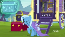 Size: 1920x1080 | Tagged: safe, derpibooru import, screencap, trixie, pony, unicorn, road to friendship, cape, chest, clothes, eyes closed, female, magic, mare, solo, trixie's cape, trixie's wagon