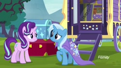 Size: 1920x1080 | Tagged: safe, derpibooru import, screencap, starlight glimmer, trixie, pony, unicorn, road to friendship, cape, clothes, eye contact, female, looking at each other, mare, smiling, trixie's cape, trixie's wagon