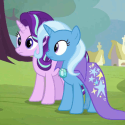 Size: 676x676 | Tagged: safe, derpibooru import, edit, screencap, starlight glimmer, trixie, pony, unicorn, road to friendship, animated, cape, clothes, do not want, duo, female, image macro, impact font, mare, meme, nope, reaction image, trixie's cape