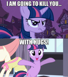 Size: 625x700 | Tagged: safe, derpibooru import, twilight sparkle, bronybait, hug, image macro