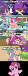 Size: 450x1204 | Tagged: safe, derpibooru import, edit, edited screencap, screencap, apple bloom, applejack, cheerilee, pinkie pie, pipsqueak, rainbow dash, rarity, scootaloo, spike, sweetie belle, twilight sparkle, dragon, earth pony, pegasus, pony, unicorn, hearth's warming eve (episode), hearts and hooves day (episode), arbor day, calendar, caption, comic, female, hearth's warming eve, hearts and hooves day, logic, male, mare, meta, nightmare night, screencap comic, shrug