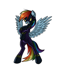 Size: 869x1026 | Tagged: safe, artist:myhysteria, rainbow dash, pegasus, pony, bipedal, clothes, corrupted, costume, goggles, grin, shadowbolt dash, shadowbolts, shadowbolts costume, simple background, smiling, smirk, transparent background