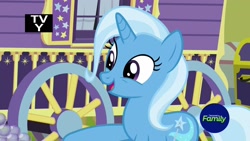 Size: 1920x1080 | Tagged: safe, derpibooru import, screencap, trixie, pony, unicorn, road to friendship, female, mare, smiling, solo, trixie's wagon