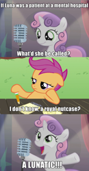 Size: 870x1674 | Tagged: safe, edit, edited screencap, screencap, princess luna, scootaloo, sweetie belle, alicorn, pony, bloom and gloom, ponyville confidential, bad sweetie belle joke, comic, exploitable meme, lunatic, meme, pun, screencap comic