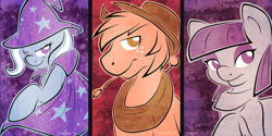 Size: 1024x512 | Tagged: safe, artist:abbystarling, derpibooru import, big macintosh, maud pie, trixie, earth pony, pony, grunge, male, stallion