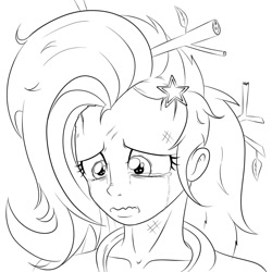 Size: 1024x1024 | Tagged: safe, artist:albertbm, derpibooru import, trixie, equestria girls, road to friendship, crying, equestria girls interpretation, female, lineart, messy hair, sad, scene interpretation, stick