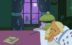 Size: 4000x2500 | Tagged: safe, artist:misterbrony, applejack, daring do, earth pony, pony, bed, bedroom, book, duo, night, sleeping, window