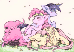 Size: 1053x744 | Tagged: safe, artist:moyamoya kuroi, derpibooru import, fluttershy, pinkie pie, twilight sparkle, earth pony, pegasus, pony, unicorn, eyes closed, floral head wreath, flower, flower in hair, pixiv, pony pile, sleeping, trio