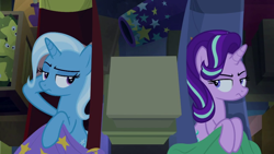 Size: 1280x720 | Tagged: safe, derpibooru import, screencap, starlight glimmer, trixie, pony, unicorn, road to friendship, duo, female, frown, hammock, mare, on back, smiling, stars