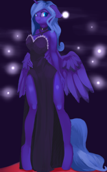 Size: 3744x6000 | Tagged: safe, artist:qweeli, princess luna, alicorn, anthro, unguligrade anthro, clothes, collar, dress, female, looking at you, side slit, smiling, solo, standing