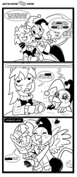 Size: 839x1920 | Tagged: safe, artist:madmax, oc, oc only, oc:double tap, oc:paharita, fallout equestria, fallout equestria: anywhere but here, comic, costume, fanfic art, harley quinn, monochrome, nightmare night