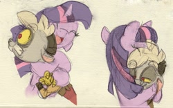 Size: 1197x748 | Tagged: safe, artist:anima-dos, derpibooru import, discord, twilight sparkle, baby discord, hug, sketch