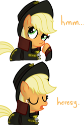 Size: 763x1140 | Tagged: safe, artist:miketheuser, applejack, earth pony, pony, clothes, comic, crossover, dialogue, eyes closed, female, freckles, hat, heresy, imperium, inquisition, inquisitor, mare, open mouth, reaction image, simple background, warhammer (game), warhammer 40k, white background