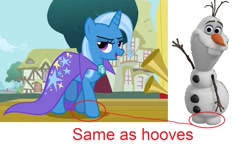 Size: 1471x921 | Tagged: safe, derpibooru import, trixie, pony, unicorn, comparison, fail, female, frozen (movie), grammar error, mare, olaf, op is a cuck