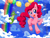 Size: 1190x898 | Tagged: safe, artist:paradise-wonder, gummy, pinkie pie, rainbow dash, alligator, earth pony, pegasus, pony, balloon, cloud, female, floating, mare, open mouth, sky, then watch her balloons lift her up to the sky