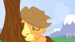 Size: 900x506 | Tagged: safe, screencap, applejack, earth pony, pony, lesson zero, sleeping, solo, tree