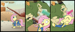 Size: 1700x744 | Tagged: safe, artist:madmax, fluttershy, pegasus, pony, blushing, comic, couriershy, deathclaw, eyeshadow, fallout, fallout: new vegas, kissing, lipstick, makeup, smiling