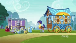 Size: 1920x1080 | Tagged: safe, derpibooru import, screencap, trixie, pony, saddle arabian, unicorn, road to friendship, clothes, discovery family logo, female, hoo'far's wagon, male, mare, stallion, trixie's wagon