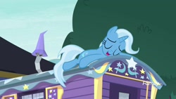 Size: 1920x1080 | Tagged: safe, derpibooru import, screencap, trixie, pony, unicorn, road to friendship, female, mare, prone, solo, trixie's wagon