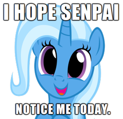 Size: 418x406 | Tagged: safe, artist:navitaserussirus, derpibooru import, trixie, pony, unicorn, cute, diatrixes, female, happy, image macro, mare, meme, open mouth, senpai, simple background, smiling, solo, transparent background, trixie yells at everything
