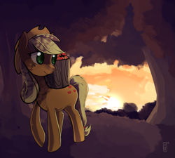 Size: 1371x1232 | Tagged: safe, artist:si1vr, applejack, earth pony, pony, apple, food, solo, sunset