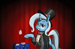 Size: 1004x654 | Tagged: safe, artist:paper-pony, derpibooru import, trixie, pony, unicorn, card, card trick, clothes, female, hat, magic trick, magician, mare, raised hoof, solo, stage, string, top hat, tuxedo, wand