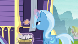 Size: 1280x720 | Tagged: safe, derpibooru import, screencap, trixie, pony, unicorn, road to friendship, female, magic, magic aura, mare, narrowed eyes, plot, solo, telekinesis, trixie's wagon