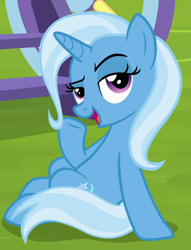 Size: 506x663 | Tagged: safe, derpibooru import, screencap, trixie, pony, unicorn, road to friendship, cropped, female, mare, open mouth, sitting, solo, stupid sexy trixie