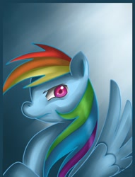 Size: 650x850 | Tagged: safe, artist:arastane-siryphia, rainbow dash, pegasus, pony, blue coat, blue wings, female, mare, multicolored mane, simple background, smiling, solo