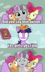 Size: 500x803 | Tagged: safe, derpibooru import, apple bloom, scootaloo, sweetie belle, twilight sparkle, bird, earth pony, pegasus, pony, unicorn, book, caption, comic, cutie mark crusaders, female, filly, imminent rape, implied foalcon, levitation, love potion, magic, mare, telekinesis, twilight snapple, wide eyes