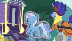 Size: 1920x1080 | Tagged: safe, derpibooru import, screencap, hoo'far, trixie, pony, saddle arabian, unicorn, road to friendship, eyes closed, female, levitation, magic, male, mare, self-levitation, stallion, telekinesis, trixie's wagon