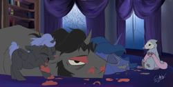 Size: 1024x517 | Tagged: safe, artist:rutkotka, king sombra, princess luna, tiberius, oc, oc:orion, alicorn, opossum, pony, alicorn oc, face paint, female, king sombra is not amused, lumbra, male, offspring, parent:king sombra, parent:princess luna, parents:lumbra, prone, shipping, sleeping, straight