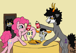 Size: 1000x707 | Tagged: safe, artist:launchycat, fluttershy, pinkie pie, earth pony, pony, bull horns, crossover, faygo, female, gamzee makara, haygo, homestuck, juice box, karkat vantas, male, mare, pie, ponified, stallion, tavros nitram, tavroshy, this will not end well, troll (homestuck)