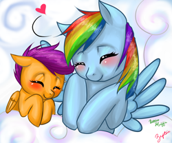 Size: 1024x853 | Tagged: safe, artist:zepten, rainbow dash, scootaloo, pegasus, pony, eyes closed, female, filly, heart, mare, scootalove