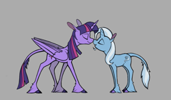 Size: 873x512 | Tagged: safe, artist:enma-darei, derpibooru import, trixie, twilight sparkle, twilight sparkle (alicorn), alicorn, classical unicorn, pony, unicorn, boop, cloven hooves, female, gray background, height difference, leonine tail, lesbian, noseboop, older, shipping, simple background, twixie, unshorn fetlocks