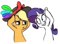 Size: 405x297 | Tagged: safe, artist:furseiseki, applejack, rarity, earth pony, pony, unicorn, hat, simple background