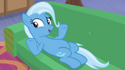 Size: 1280x720 | Tagged: safe, derpibooru import, screencap, trixie, pony, unicorn, road to friendship, female, mare, raised eyebrow, sofa