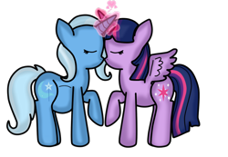 Size: 1024x709 | Tagged: safe, artist:preggyponies-4u, derpibooru import, trixie, twilight sparkle, twilight sparkle (alicorn), alicorn, pony, belly, female, horns are touching, lesbian, magic, magical lesbian spawn, mare, nuzzling, offspring, pregnant, shipping, simple background, transparent background, twixie