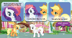 Size: 750x401 | Tagged: safe, applejack, rarity, oc, earth pony, pony, unicorn, adventures in ponyville, blank flank, hat