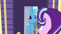 Size: 1280x720 | Tagged: safe, derpibooru import, screencap, starlight glimmer, trixie, pony, unicorn, road to friendship, cute, diatrixes, female, mare, smiling