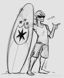 Size: 640x775 | Tagged: safe, artist:egophiliac, shining armor, humanized, sketch, sunglasses, surfboard