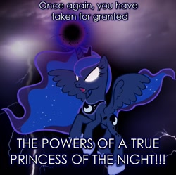 Size: 1003x997 | Tagged: safe, edit, princess luna, alicorn, pony, angry, boast, dragon ball z, lightning, magic, modified quote, photoshop, power, princess of the night, quote, solo, vector, vegeta