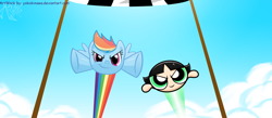 Size: 1600x697 | Tagged: safe, artist:yokokinawa, rainbow dash, pegasus, pony, crossover, female, mare, the powerpuff girls, wings