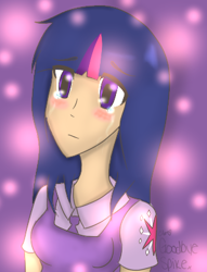 Size: 307x402 | Tagged: safe, artist:clobug98, derpibooru import, twilight sparkle, 100000th post, blushing, bust, crying, get, gif party, humanized, implied spike, milestone, party in the comments, party thread, sad, solo, x00000 milestone