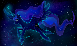 Size: 900x542 | Tagged: safe, artist:skyeypony, princess luna, alicorn, pony, blue, flying, moon, solo, stars