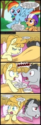 Size: 512x1561 | Tagged: safe, artist:innuendo88, artist:madmax, aunt orange, rainbow dash, scootaloo, the headless horse (character), headless horse, pegasus, pony, bed, comic, disembodied head, female, filly, implied infidelity, male, mare, morning after, pillow, spanish, stallion, the godfather, translation